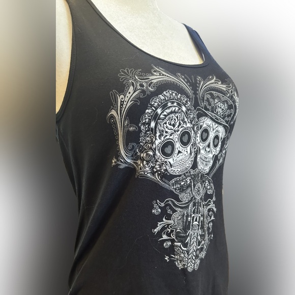 Anvil Tops - Black tank top XL Sugar Skull biker couple design